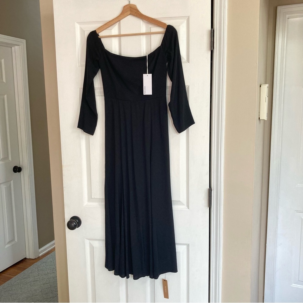NWT Reformation Ballari Long Sleeve Off The Shoulder Midi Dress in Black, Size 2